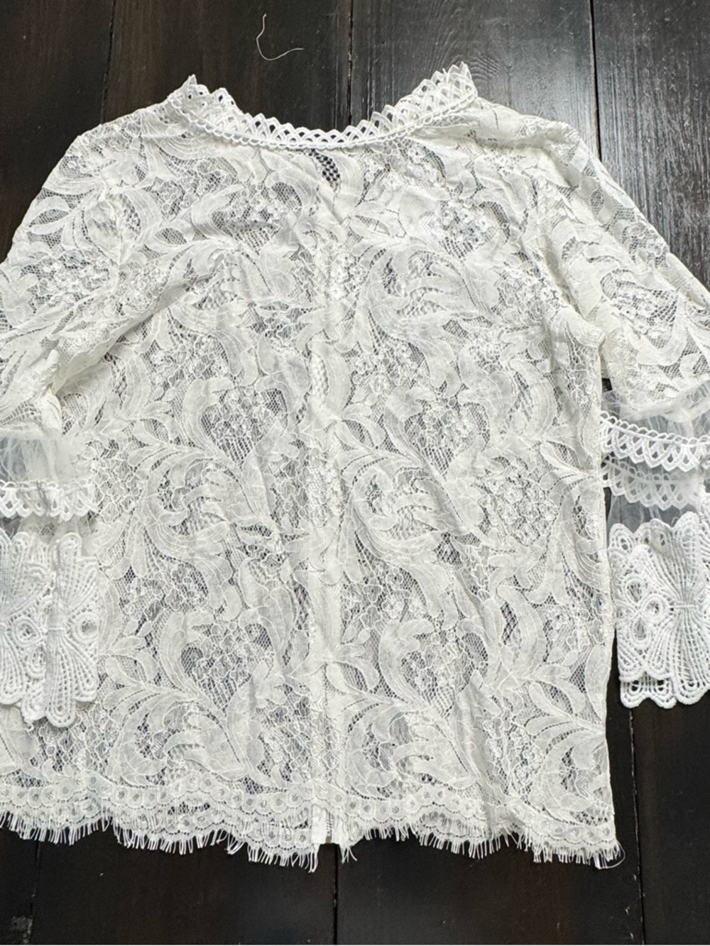 Women's White Lace Crochet Blouse with Tiered Bell Sleeves - Picture 11 of 11